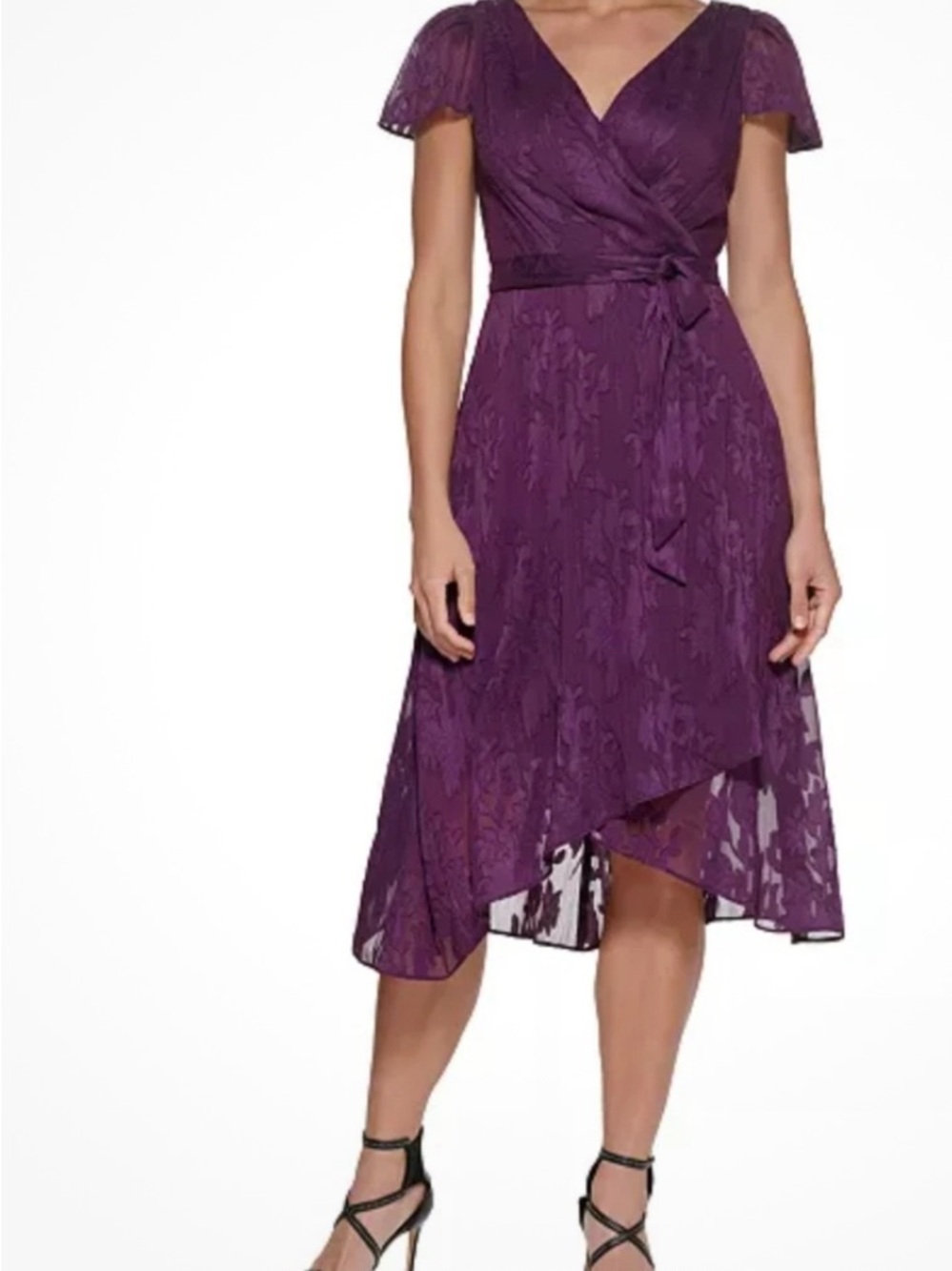 DKNYC Purple Lace High-Low Wrap Dress with Tie Waist